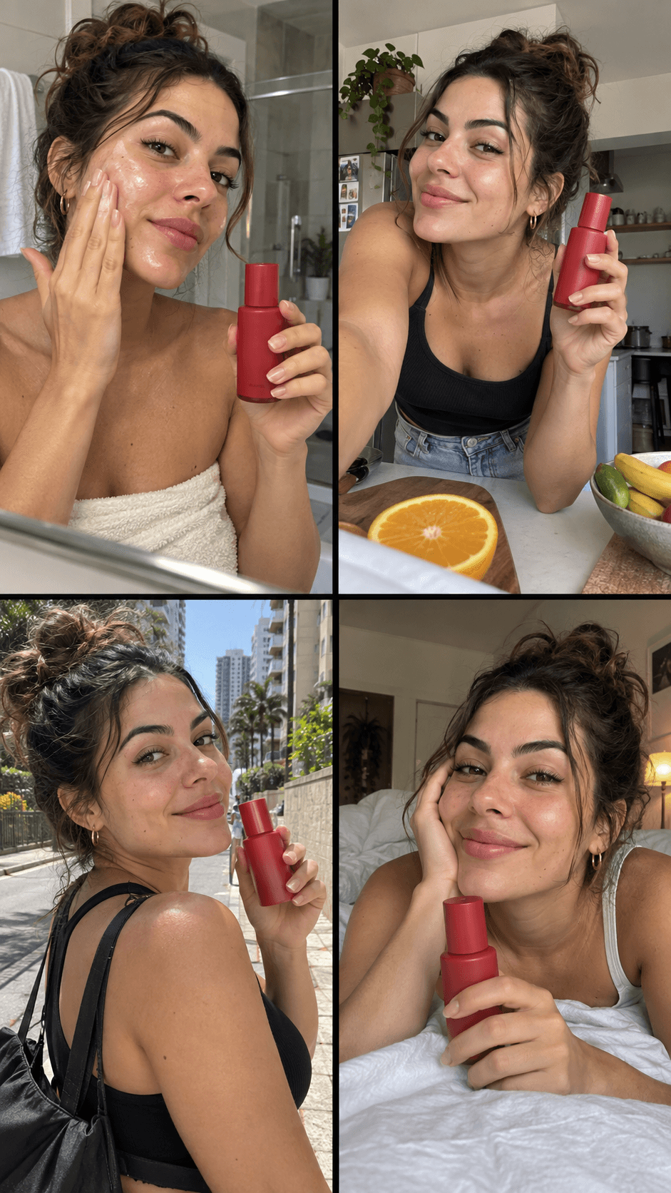 A mesma criadora apresentando um produto em quatro cenas UGC